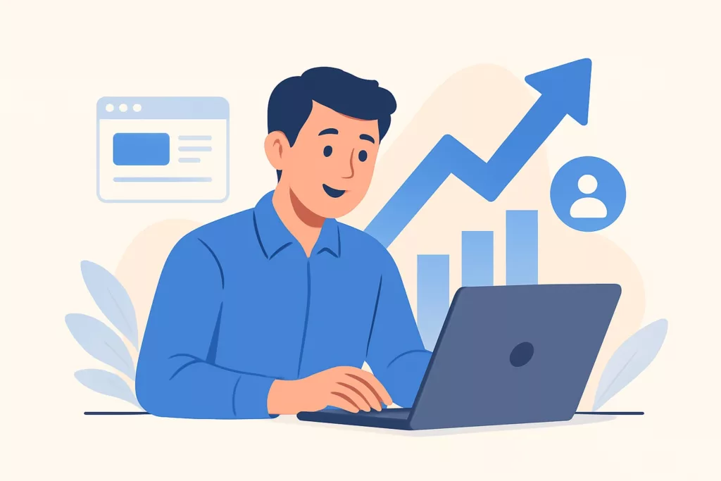 Businessman with laptop and growth chart for WordPress website.