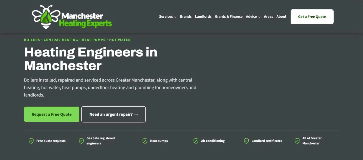Manchester Heating Experts website homepage, designed and built by Snappy Squid